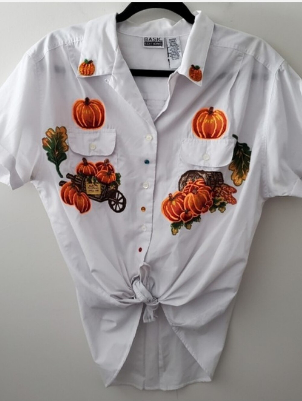 Basic Editions White Short-Sleeve Button-Front Shirt with Pumpkin Embroidery